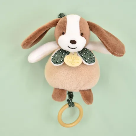 Boite a musique bebe - Chien marron et vert - 20 cm