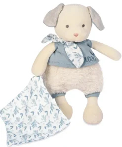 Chien peluche beige avec mouchoir bleu en coton BIO - 22 cm