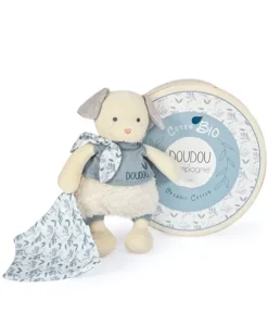 Chien peluche beige avec mouchoir bleu en coton BIO - 22 cm