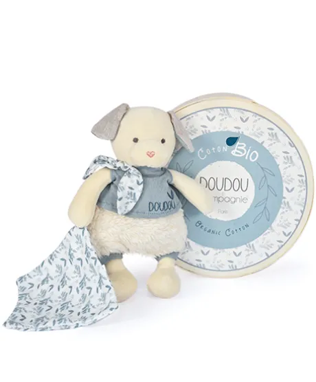 Chien peluche beige avec mouchoir bleu en coton BIO - 22 cm