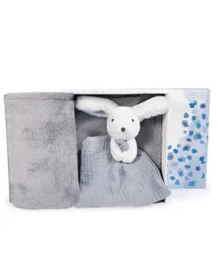Coffret cadeau naissance plaid et Doudou Lapin Happy Glossy - 70 x 100 cm