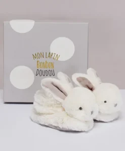 Coffret cadeau naissance chaussons lapin taupe avec hochet - 0/6 mois