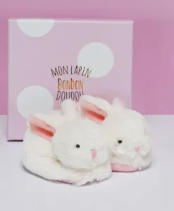 Coffret cadeau naissance chaussons lapin rose avec hochet - 0/6 mois