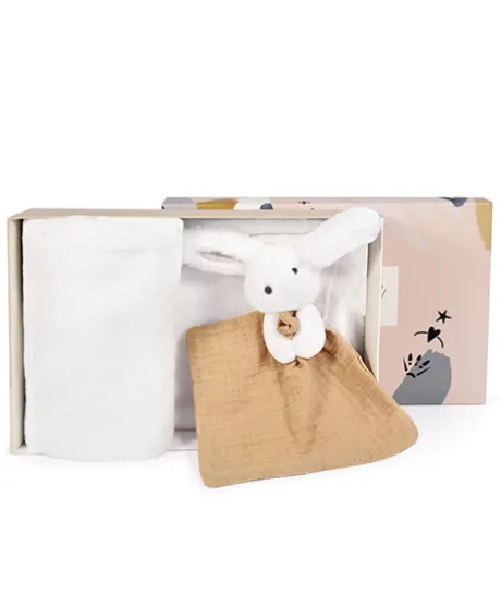 Coffret cadeau naissance plaid et Doudou Lapin Happy Wild - 70 x 100 cm