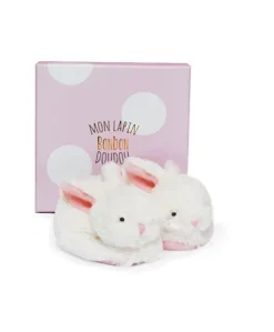 Coffret cadeau naissance chaussons lapin rose avec hochet - 0/6 mois