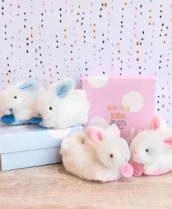 Coffret cadeau naissance chaussons lapin rose avec hochet - 0/6 mois