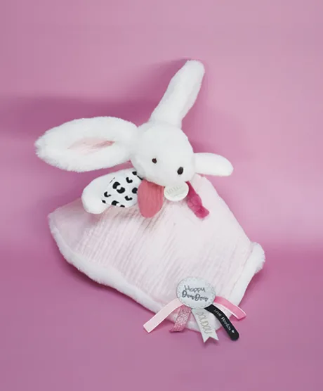 Coffret Doudou carré Lapin rose - Happy Blush - 25 cm
