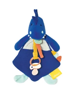 Coffret peluche dinosaure bleu- Attache tétine Sashou - 23  cm