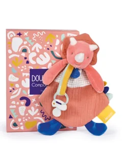 Coffret peluche dinosaure orange - Attache tetine Lou - 23  cm