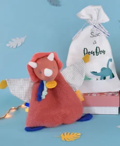 Coffret peluche dinosaure orange - Attache tetine Lou - 23  cm