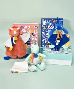 Coffret peluche dinosaure bleu- Attache tétine Sashou - 23  cm