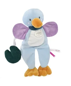 Doudou canard bleu avec feuille - "Mon petit coin-coin"