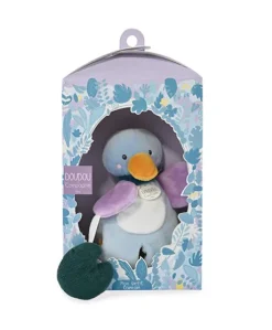 Doudou canard bleu avec feuille - "Mon petit coin-coin"