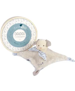Doudou carré plat chien bleu en coton BIO - 25 cm