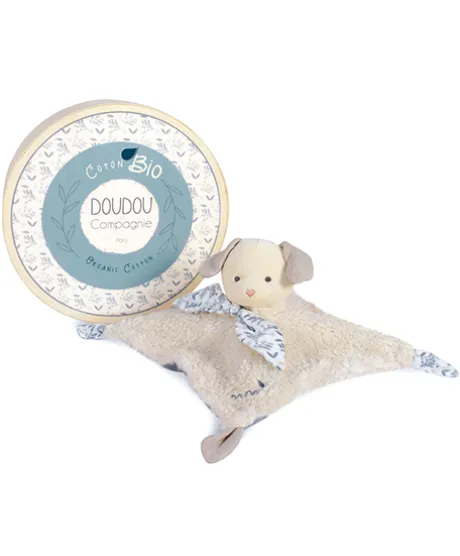 Doudou carré plat chien bleu en coton BIO - 25 cm