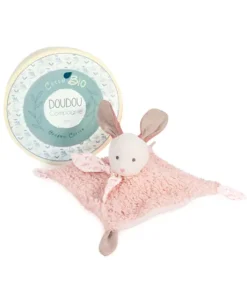 Doudou carré plat lapin rose en coton BIO - 25 cm