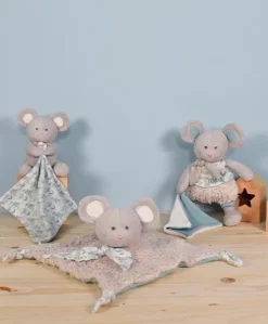Doudou carré plat Souris grise en coton BIO- 25 cm