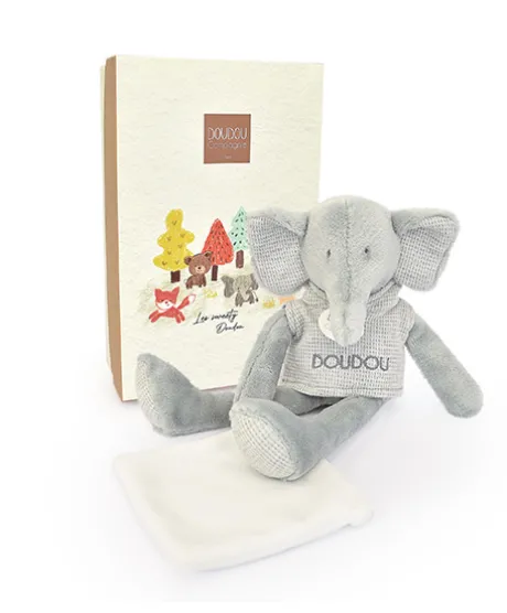 Doudou Elephant gris avec mouchoir - Sweety - 25 cm