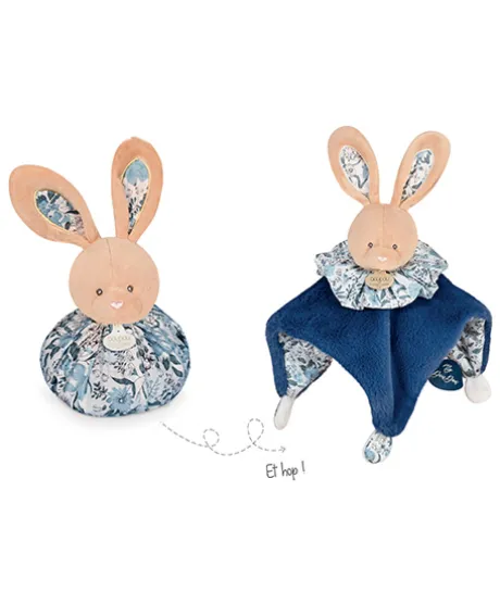 Doudou Lapin bleu - Cocon - Balle d'éveil - 3 EN 1
