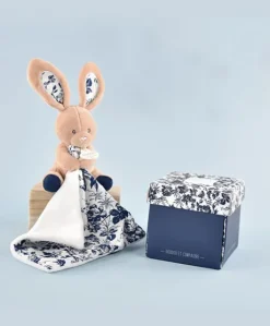 Doudou LAPIN bleu Marine avec mouchoir - BOH'AIME -
