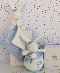 Doudou lapin mouchoir bleu lapin matelot - 10 cm