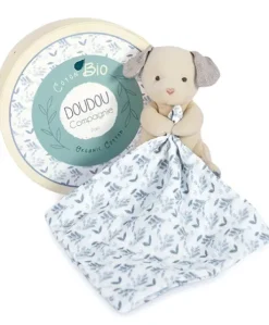 Doudou mouchoir chien bleu en coton BIO -15 cm