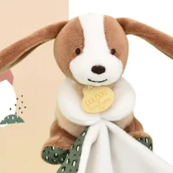 Doudou mouchoir chien vert et marron - 11 cm