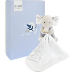 Doudou mouchoir elephant bleu et gris - 11 cm