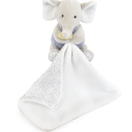 Doudou mouchoir elephant bleu et gris - 11 cm
