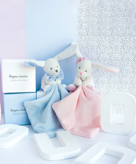 Doudou mouchoir lapin bleu - 10 cm - Boite fleur