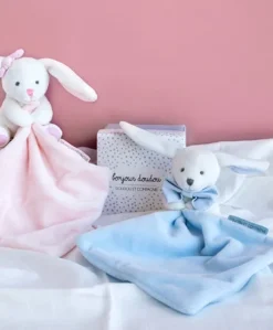 Doudou mouchoir lapin bleu - 10 cm - Boite fleur