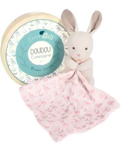 Doudou mouchoir lapin rose en coton BIO - 15 cm