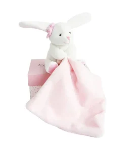 Doudou mouchoir lapin rose - 10 cm - Boite fleur