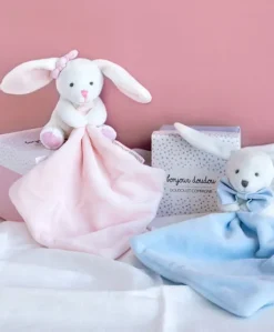 Doudou mouchoir lapin rose - 10 cm - Boite fleur