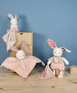 Doudou mouchoir lapin rose en coton BIO - 15 cm