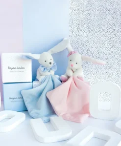 Doudou mouchoir lapin rose - 10 cm - Boite fleur