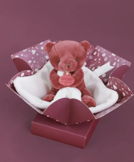 Doudou mouchoir- Mon petit ourson - Rouge bordeaux- 10 cm