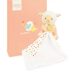 Doudou mouchoir mouton blanc et orange - 11 cm
