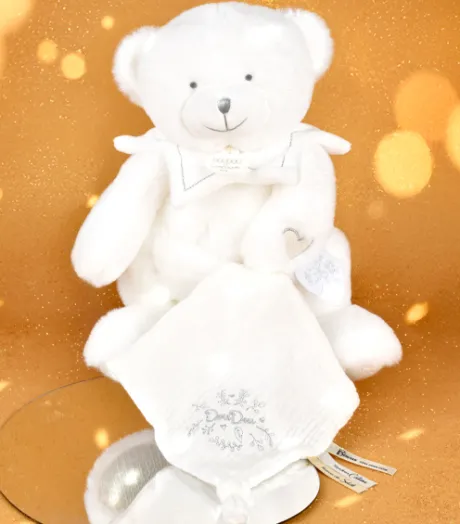 Doudou mouchoir ours Blanc - 30 cm - Collection Anniversaire