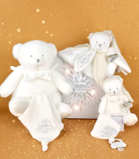 Doudou mouchoir ours Blanc - 30 cm - Collection Anniversaire