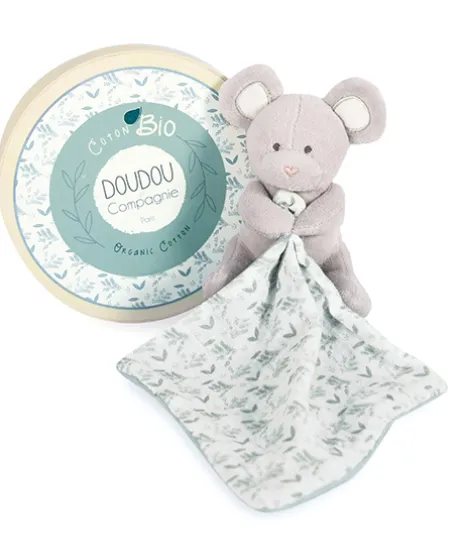 Doudou mouchoir Souris grise - vert en coton BIO - 15 cm