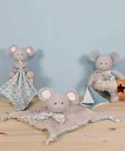 Doudou mouchoir Souris grise - vert en coton BIO - 15 cm