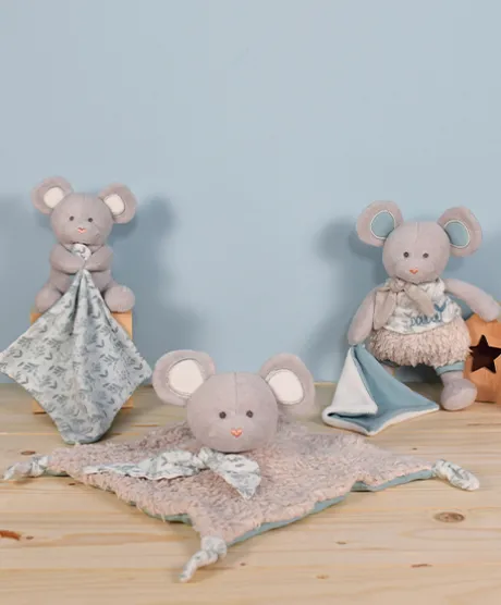 Doudou mouchoir Souris grise - vert en coton BIO - 15 cm
