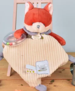 Doudou plat hochet billes -  Renard Romarin - 21 cm