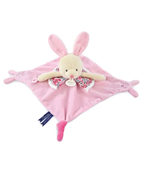 Doudou plat lapin rose avec marionnette à doigt - 30 cm