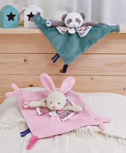 Doudou plat lapin rose avec marionnette à doigt - 30 cm