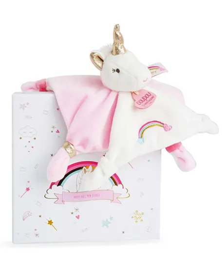 Doudou plat Licorne rose et blanche - 20 cm