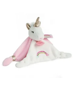 Doudou plat Licorne rose et blanche - 20 cm