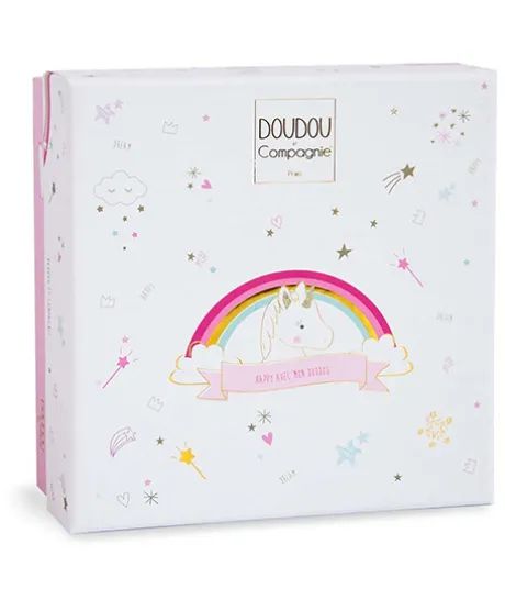 Doudou plat Licorne rose et blanche - 20 cm