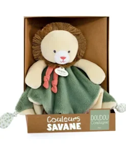 Doudou plat lion beige et vert - 25 cm